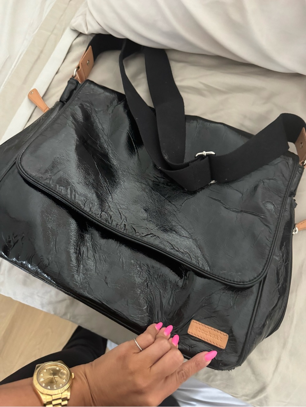 Black Patent diaper bag or Messenger Bag with Tan Accent